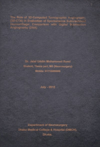 Image of The Role of 3d- Computed Tomogrphic Angiography (3D-CTA) in Evaluation of Spontaneous Subarachnoid Haemorrhage: Comparison with Digital Subtraction Angiography (DSA)